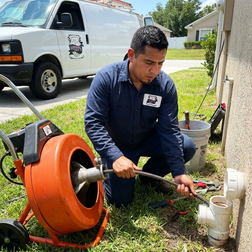 A plumber working an orange drum drain machine on a lawn beside a cleanout