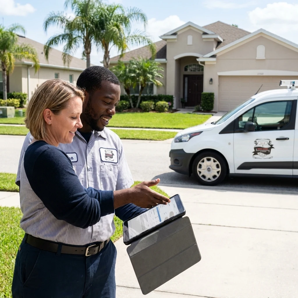A plumber walking a Temple Terrace homeowner through findings on a tablet beside a service van