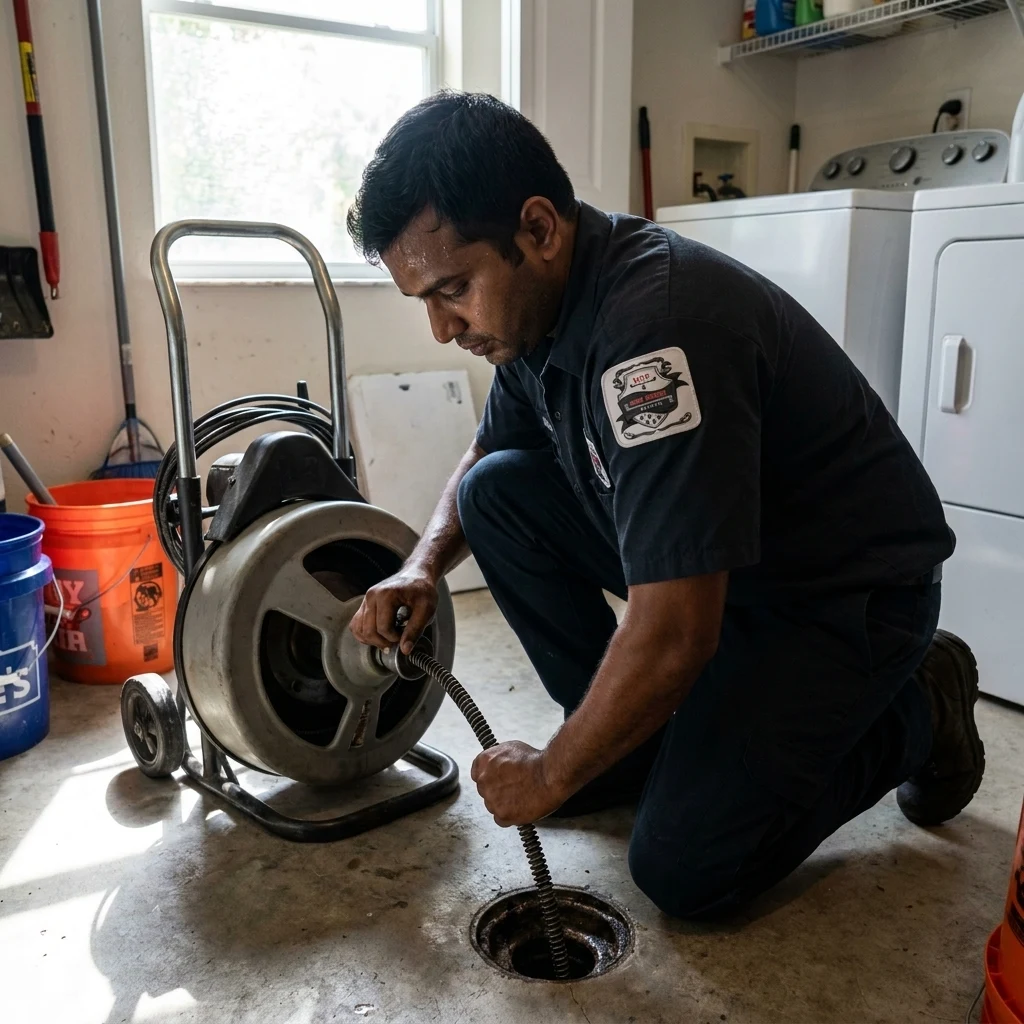 A plumber working a cable machine at a garage floor drain