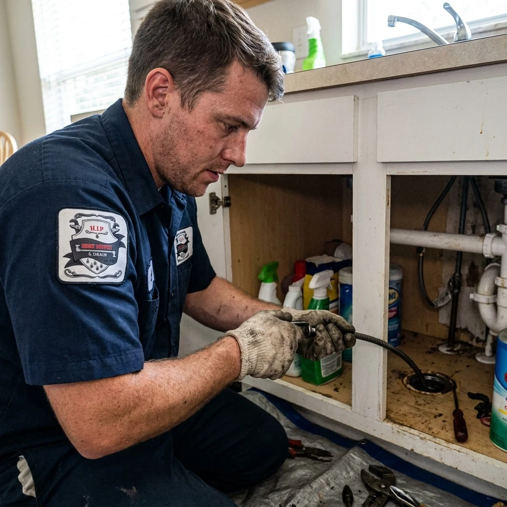 A plumber working beneath a kitchen sink cabinet to reach the drain connections