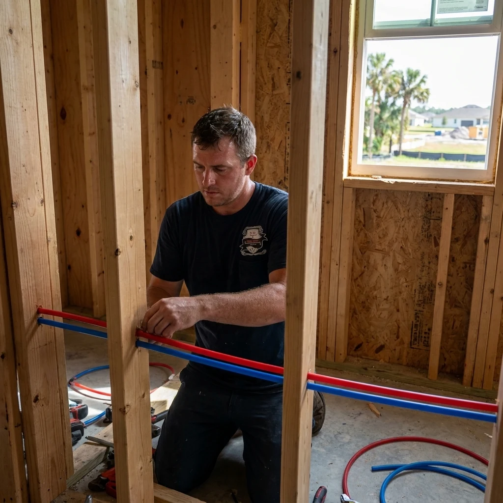 Plumber kneeling between exposed wall studs, running red and blue PEX supply lines for a bathroom rough-in