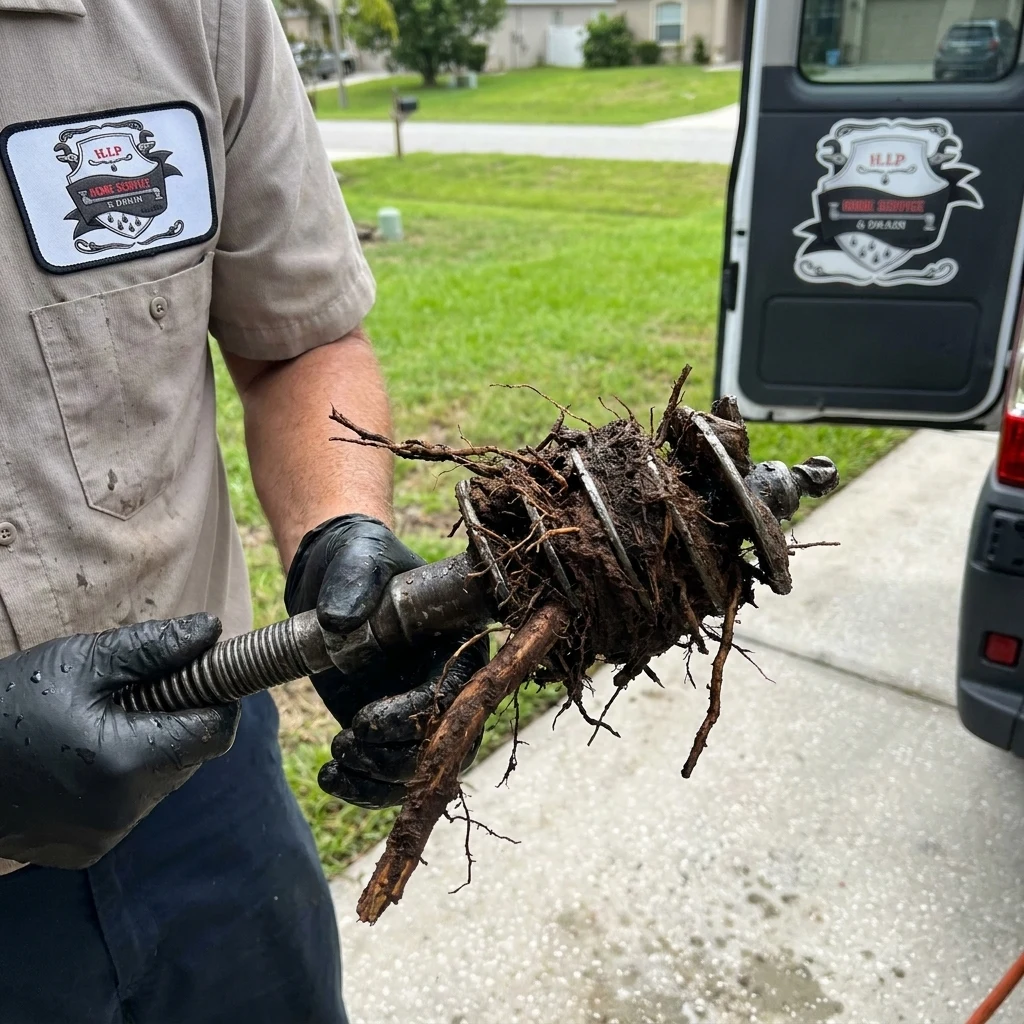 Gloved hands holding a drain cable head tangled with tree roots pulled from a sewer line