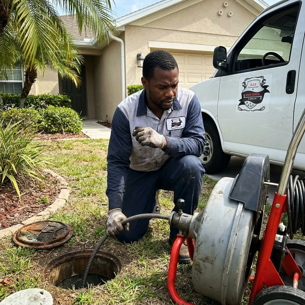 A cable machine and technician at a yard cleanout during a sewer line clearing