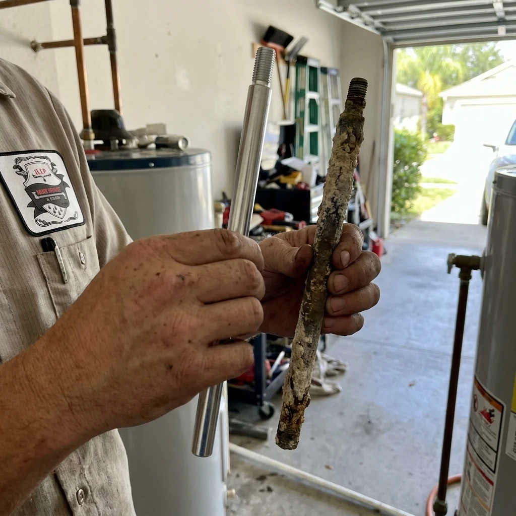 An anode rod pulled from a tank heater and examined for corrosion